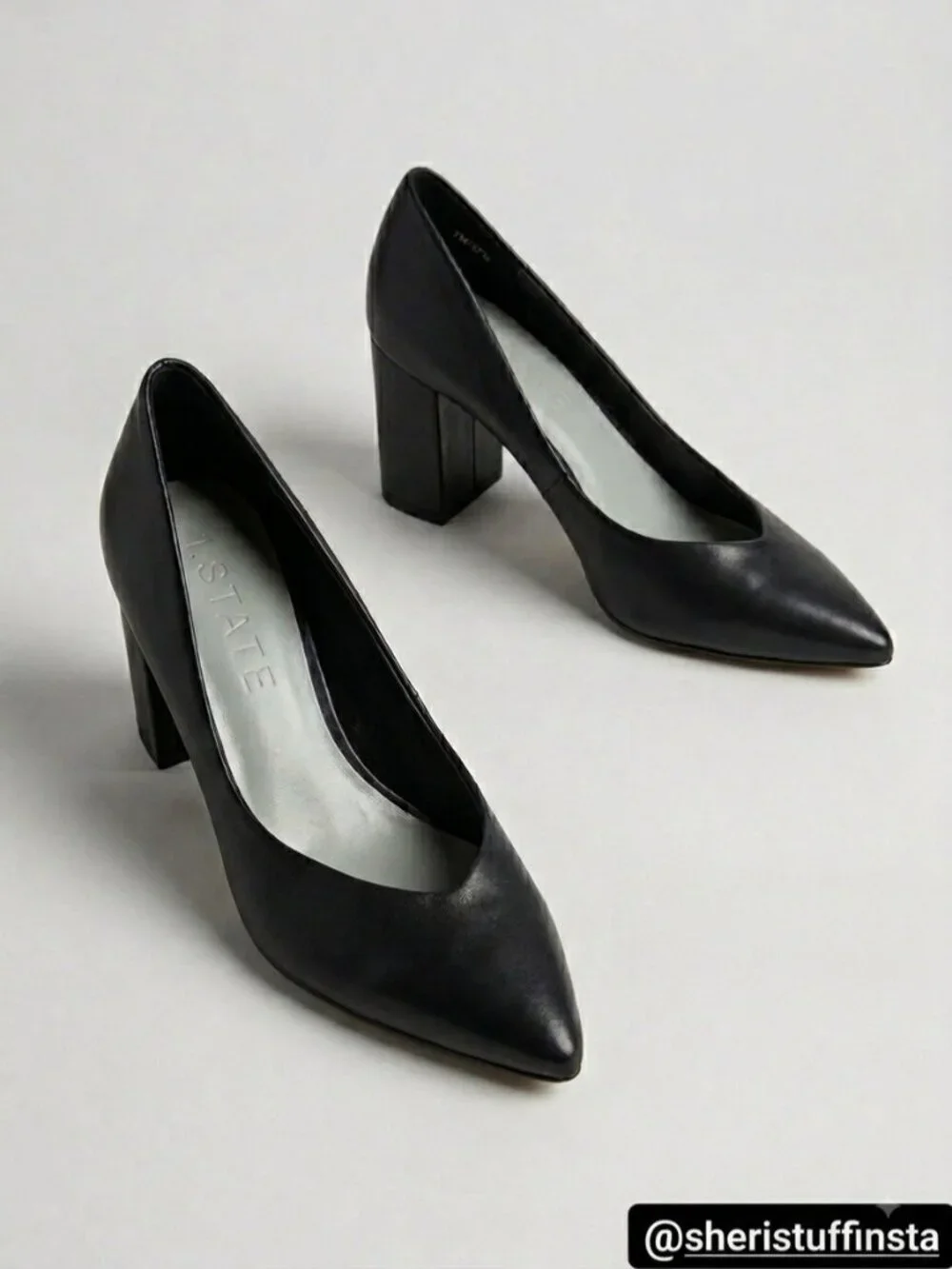 1.STATE Black Leather Pointed Toe Block Heel Pumps Saffire 7M Sweetheart Vamp